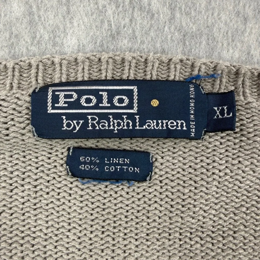 Vintage Polo Ralph Lauren Sweater Mens XL Gray V Neck Linen Blend Knit Pullover